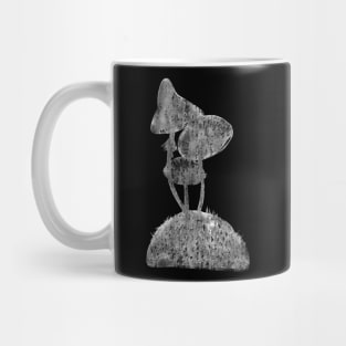 Forest mushrooms and moss at the meadow isolated on black. Simple abstract boho, Scandinavian monochrome ink painting. Design for the print, fabric, poster, wallpaper, cover and packaging, wrapping. Mug